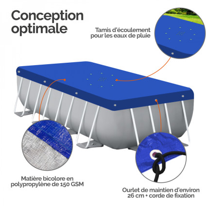 Linxor - bâche de protection réversible 4 saisons pour piscine hors sol - rectangle 2 x 3 m - 150 gsm - bleu et gris-3