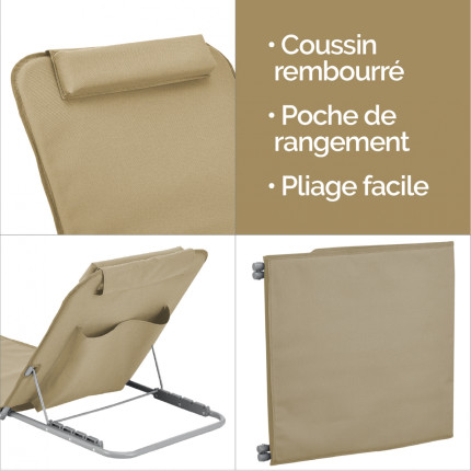 Linxor - matelas, transat, tapis de plage avec dossier inclinable et sac de transport - beige-3