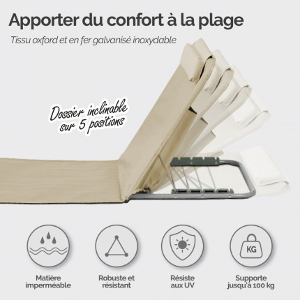 Linxor - matelas, transat, tapis de plage avec dossier inclinable et sac de transport - beige-2