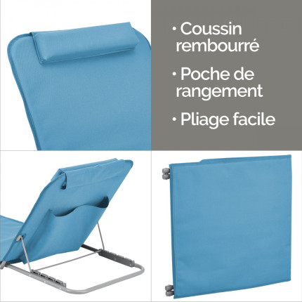 Linxor - matelas, transat, tapis de plage avec dossier inclinable et sac de transport - bleu-3