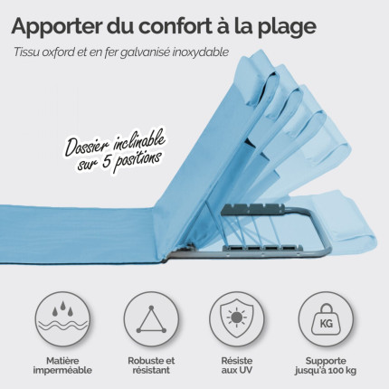 Linxor - matelas, transat, tapis de plage avec dossier inclinable et sac de transport - bleu-2