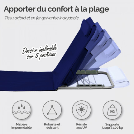 Linxor - matelas, transat, tapis de plage avec dossier inclinable et sac de transport - bleu marine-2