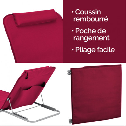 Linxor - matelas, transat, tapis de plage avec dossier inclinable et sac de transport - framboise-3