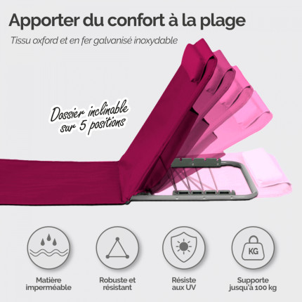 Linxor - matelas, transat, tapis de plage avec dossier inclinable et sac de transport - framboise-2