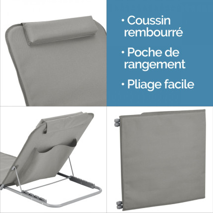 Linxor - matelas, transat, tapis de plage avec dossier inclinable et sac de transport - gris-3